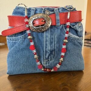 ✨ Upcycled Denim Purse • Handmade • Western Belt Buckle • Beaded Strap ✨